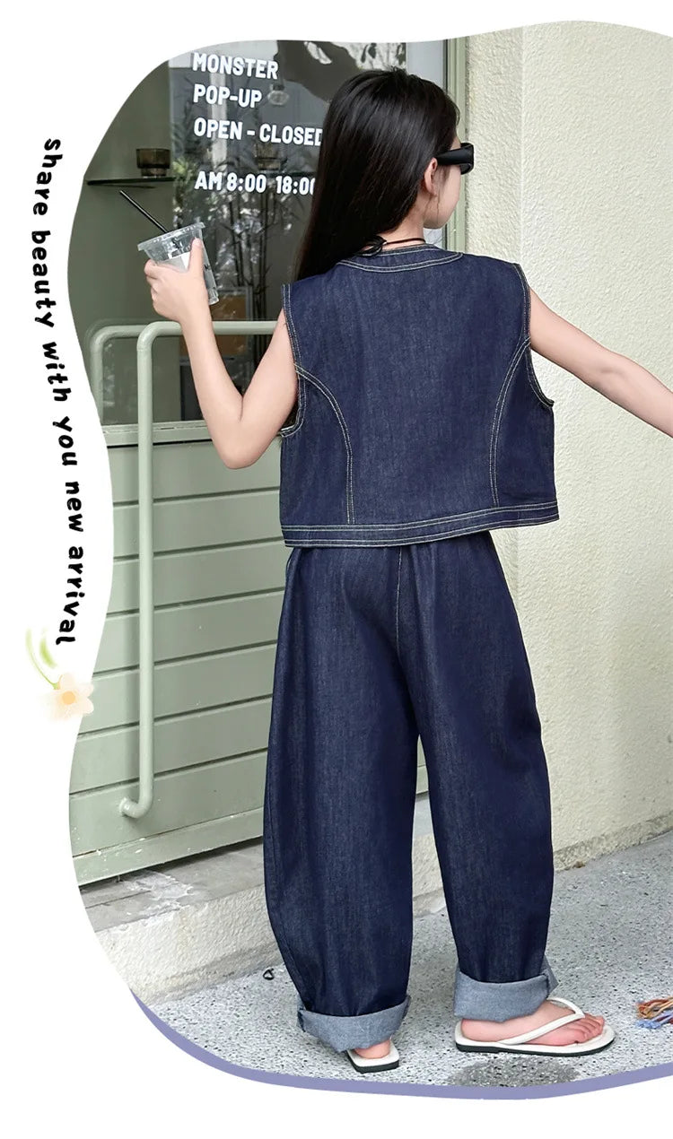 Summer teen Girls Denim Set 2024 Child Sleeveless Cowboy vest+Wide leg pants Two Piece junior kid jeans suit child outfits 10 12