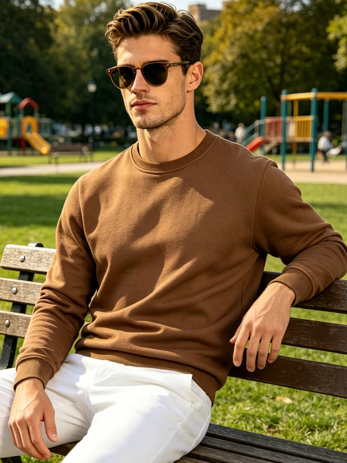Men Solid Plain Crew Neck Sweatshirt Classic Rib Round Collar Cuffs & Hem Reinforced Waffle Stitching Soft Lightweight Wrinkle