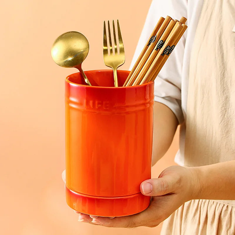 Porcelain Kitchen Utensil Holder for Countertop,Ceramic Storage Organizer for Knives Spoons and Forks,Cooking Tools Container