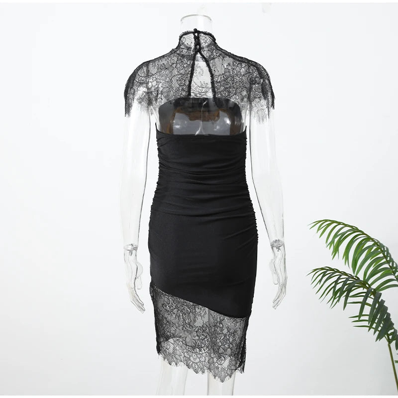 Women's Cape Shawl Strapless Long Dress Sexy Solid Patchwork Lace Pleated Slim Maxi Dresses 2026 New Lady Evening Party Vestidos