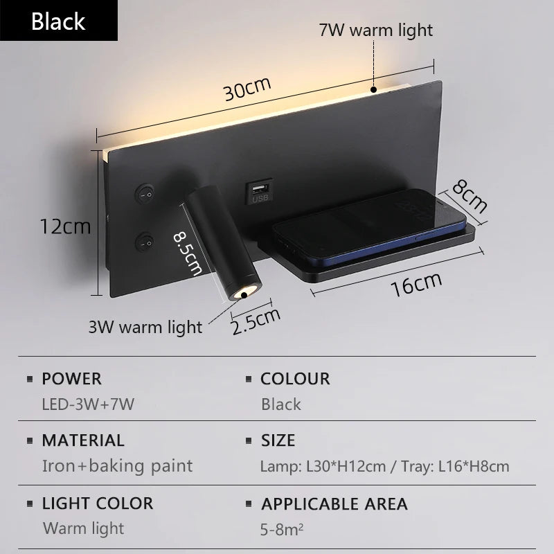 Multi functional wall lamp with switch, USB interface, LED mobile phone wireless charger, reading wall lamp, bedroom night light