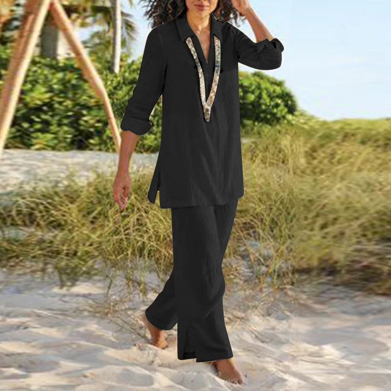 Summer Women's Sexy V-neck National Style Retro Long-sleeved Trousers Suit Casual Loose Cotton Linen Suit Solid Color