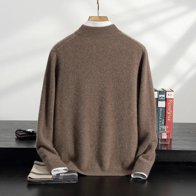 Autumn/Winter Men's 100% Cashmere Pullover Business Casual Solid Knitted Sweater Loose Half High Neck Tops Thick Warm Jumper