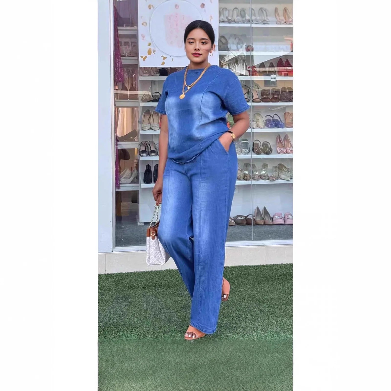 Women Pant Set Two Piece Sets Denim Round Neck Short Sleeve Tops Casual Loose Wide Leg Long Pants High Waist Y2k Streetwear