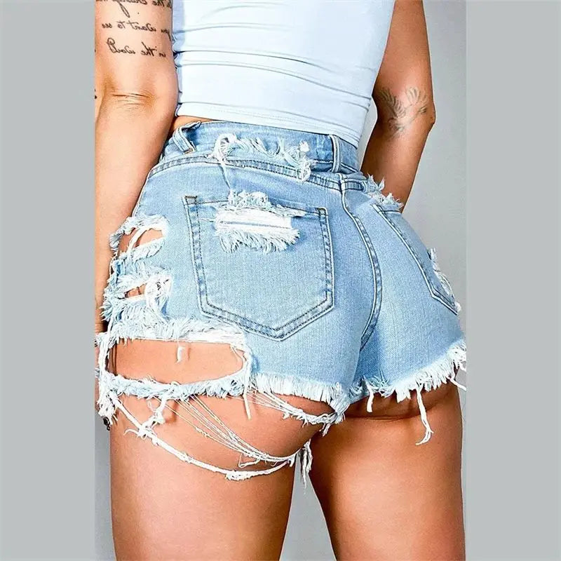 Fashion Sexy Rip Irregular Broken Holes Denim Shorts Women Tassel Trouser Legs Mini Jeans Female High Waist Three Quarter Pants