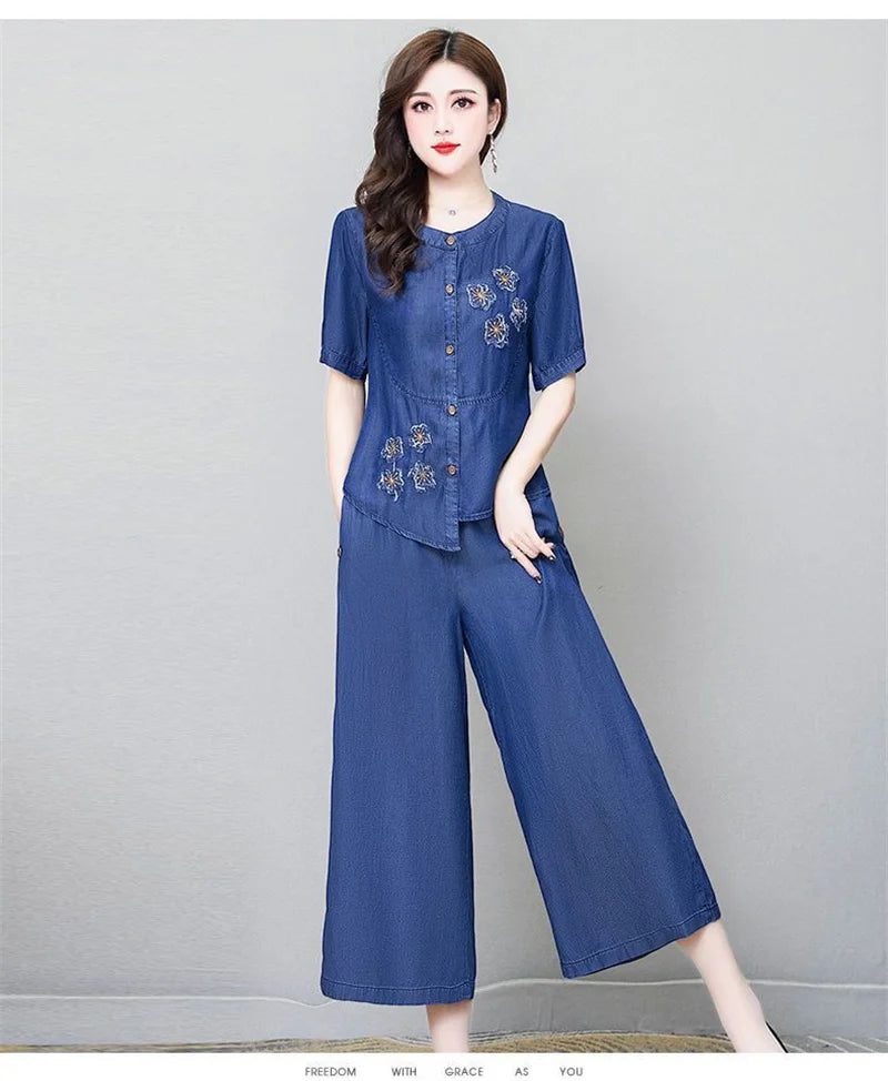 Ethnic Style Denim Wide Leg Pants Sets For Women Spring Summer NEW Embroidery Cowboy Jacket +Jeans Pants Suits Female Outfits