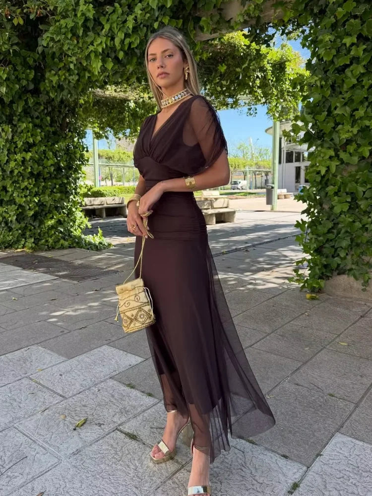 Women Solid Deep V-neck Mesh Long Dress Elegant Puff Short Sleeve Ruched Waist High Vestidos 2026 Summer Lady Casual Street Robe