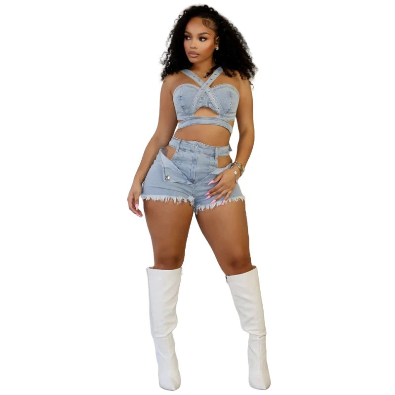 Sexy Jean 2 Piece Sets Women Outfit Summer Clothes Women 2024 Strapless Hollow Out Vest Top + Shorts Sets Street Denim Woman Set