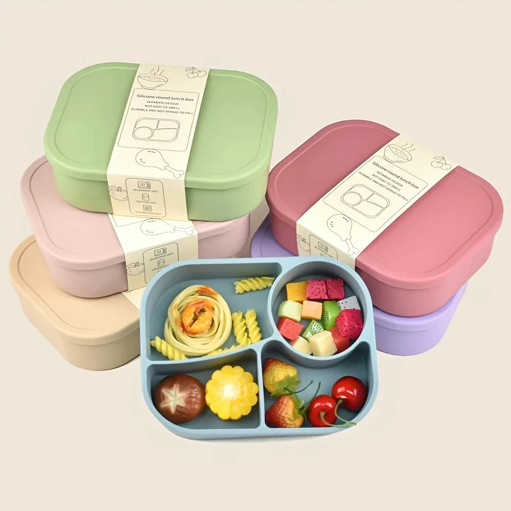 Rectangular Silicone 4 Grid Lunch Box Heat Resistant Leak Proof Lunch Container With Compartments Microwavable Food Box School