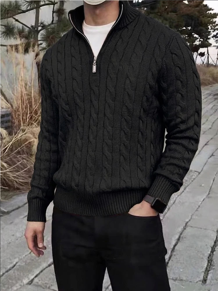 New Men's Cable Knit Half Zip Sweater Jacket Casual Long Sleeve Knitted Pullover Autumn Winter Warm Cardigan Outerwear Coats