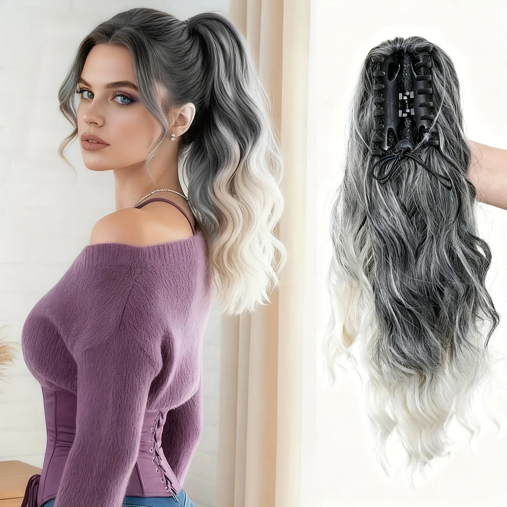 Black White Ombre Claw Clip Ponytail Hair Extensions Wavy Synthetic High Ponytail Hairpiece For Women