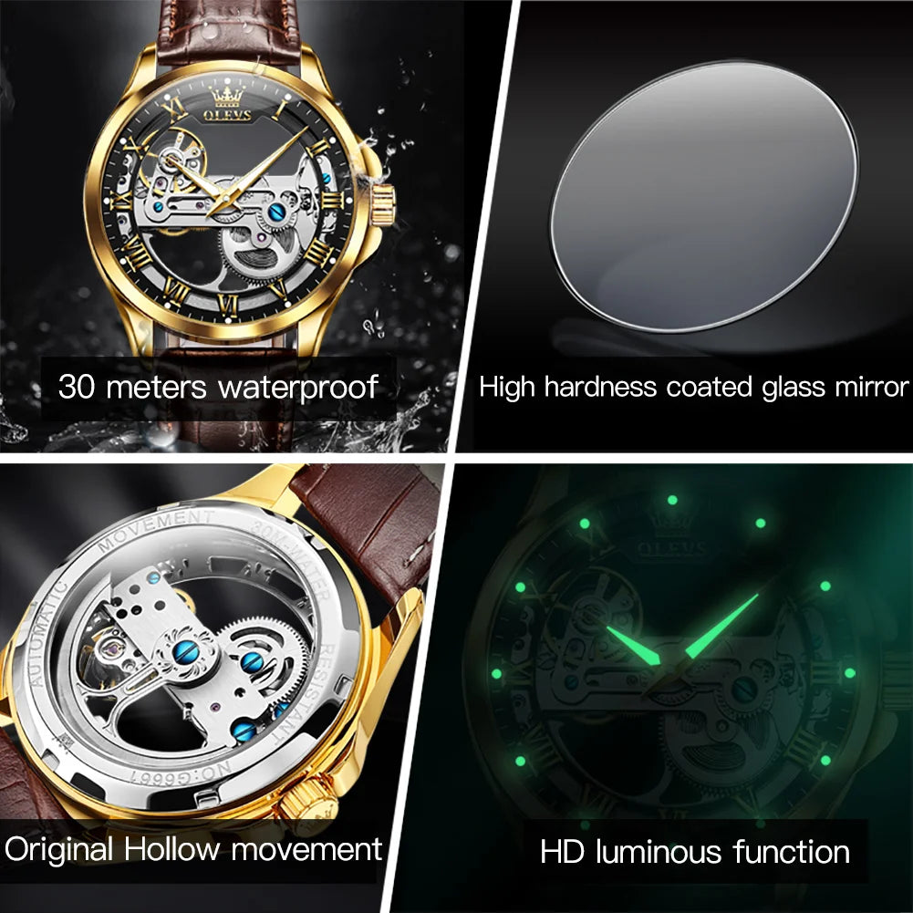OLEVS Couple Watches Original Fully Transparent Skeleton Automatic Mechanical Watches For Men Women Lover's Gift Luxury Watches