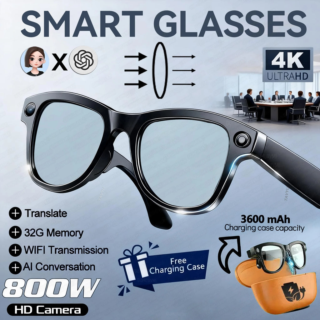 2026 AI Smart Glasses With 8MP Camera AI Voice Contorl Photo Recognition Shooting Video 150+Translation Photochromic Glasses Men
