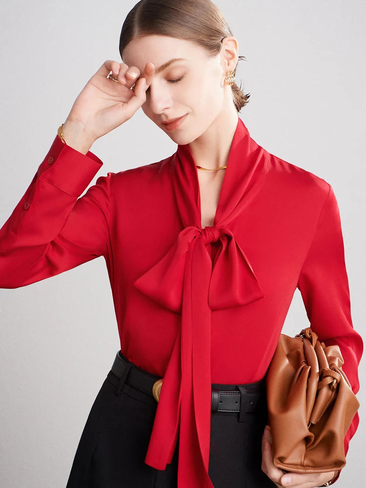 SuyaDream Women's Silk Blouse Long Sleeve Bow Collar Office Chic Solid Color Shirt 93% Silk 7% Spandex Spring 2025
