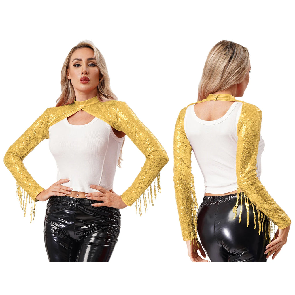 Womens Glitter Sequin Fringe Bolero Long Sleeve with Tassel Allover Sequin Shrugs Shawls Cropped Cardigan for Music Raves Party