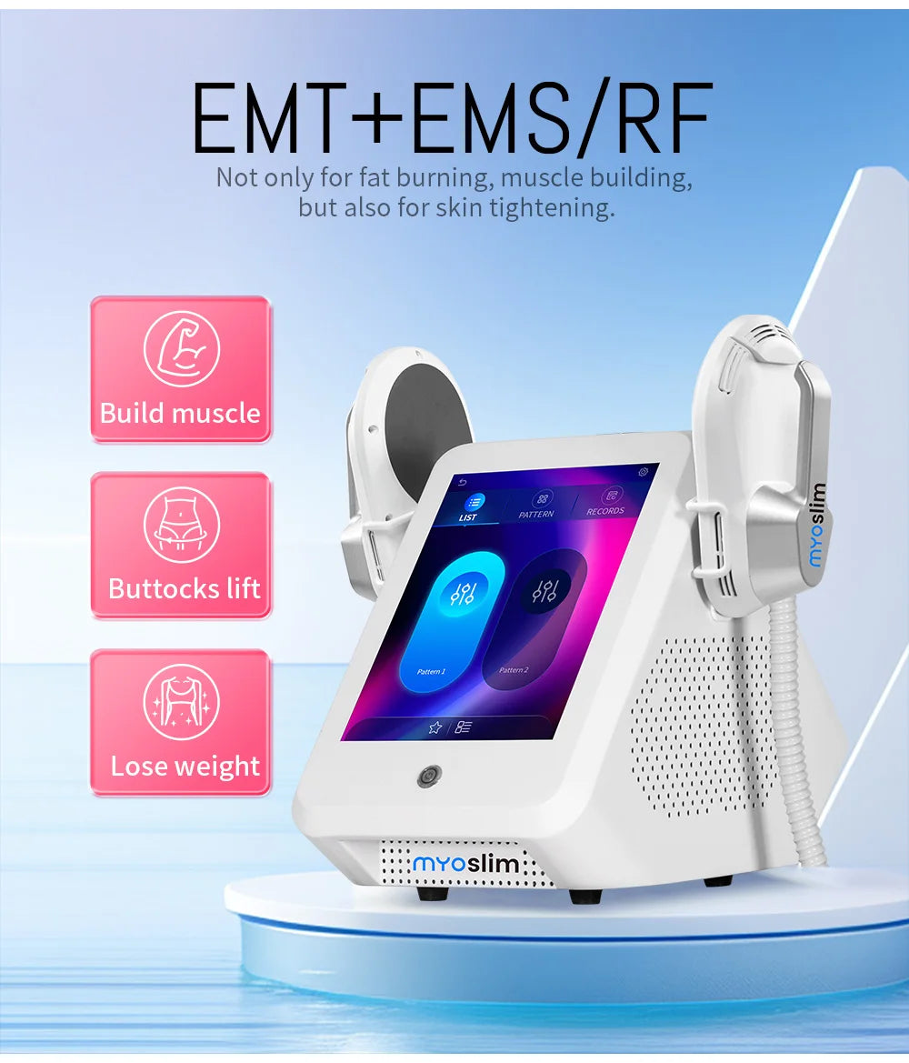 MYOslim EMS Body Sculpt Machine EMT+RF Muscle Building Fat Burning Skin Tightening 2 Handle Non-Invasive Body Shaping Device