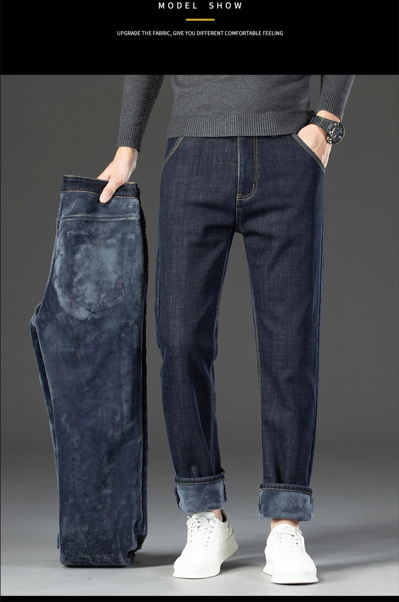 Men Winter Fleece Warm Jeans Brand 2024 Fashion Business Pants Retro Classic Denim Trousers Autumn Casual Stretch Slim Jeans Men
