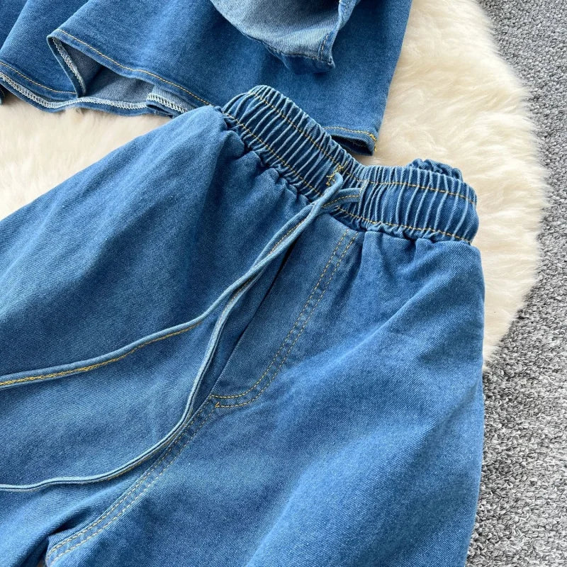 Vintage Denim 2 Piece Sets Women Outfit Spring Clothes Women 2026 Long Sleeve Shirt Top Straight Jeans Pant Set Cowboy Woman Set