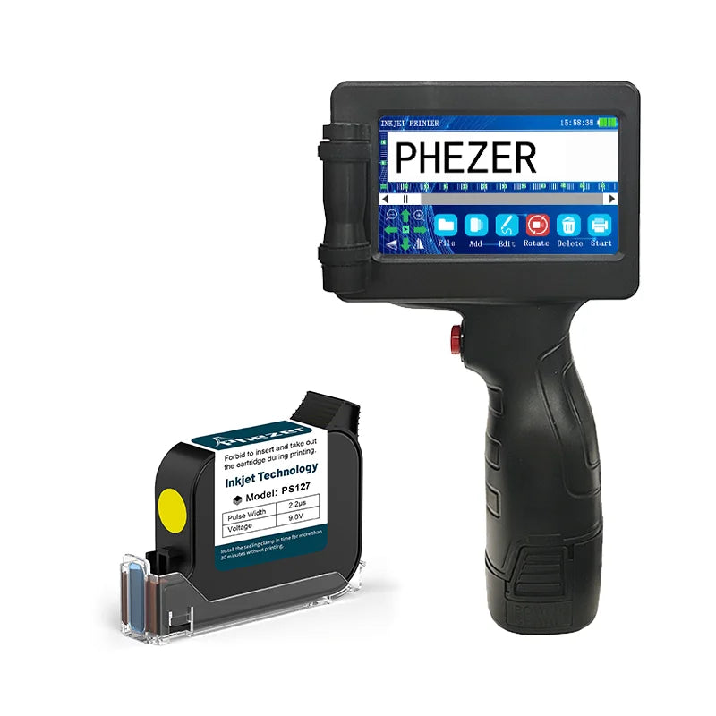 Phezer 1755 Handheld Inkjet Printer 12.7mm Portable Label Printing Machine Expiry Date Number QR Bar Code Logo Red Blue Black