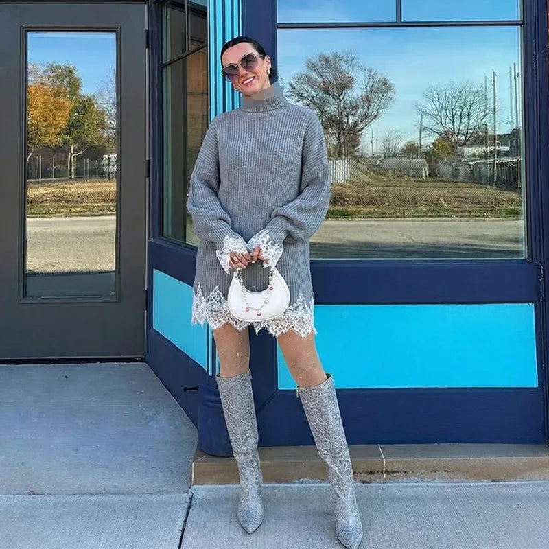 Elegant Women's Dress Stand Collar Full Sleeve Solid Lace Patchwork Knitted Female Dresses 2025 Winter Fashion Cozy Lady Robes