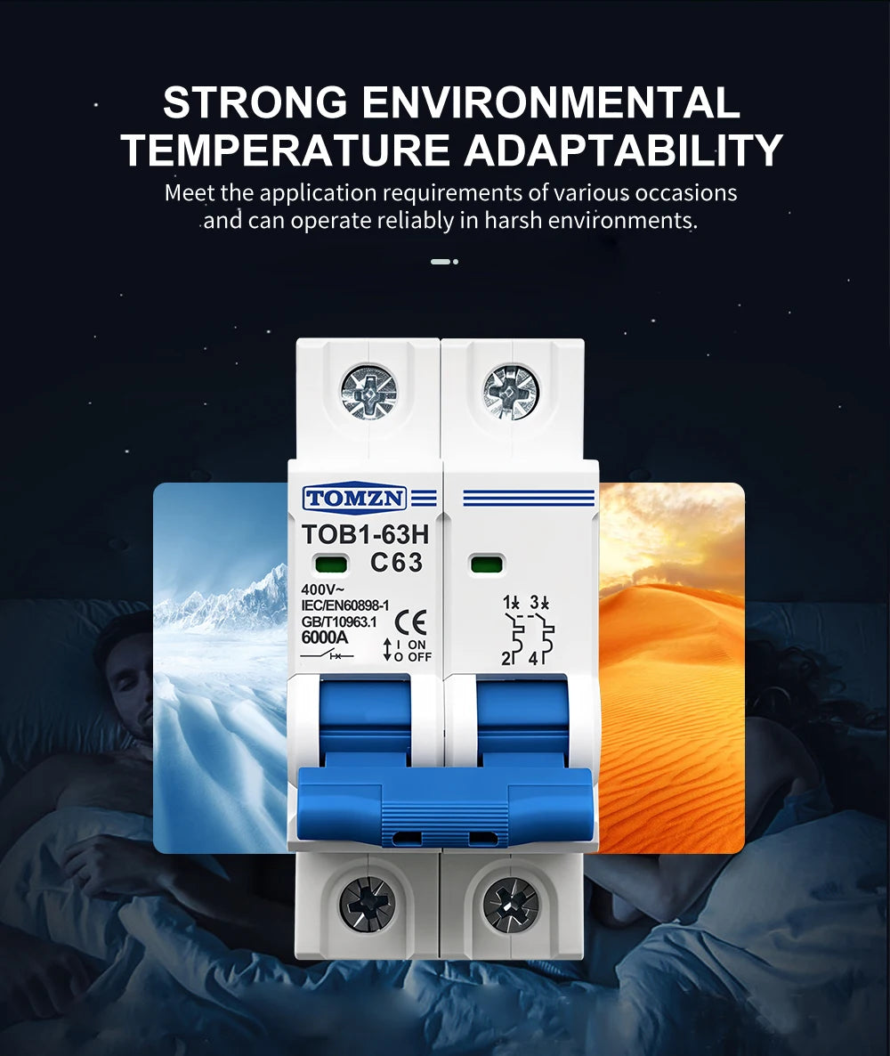 TOMZN 2P AC MCB TOB1-63H C Type 230/400V~ 50/60Hz Mini Circuit Breaker 3A 6A 10A 16A 20A 25A 32A 40A 50A 63A