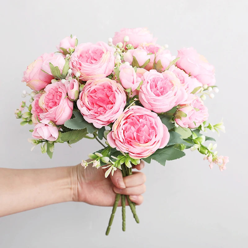 30cm Rose Pink Silk Peony Artificial Flowers Bouquet 5 Big Head and 4 Bud Cheap Fake Flowers for Home Wedding Decoration indoor