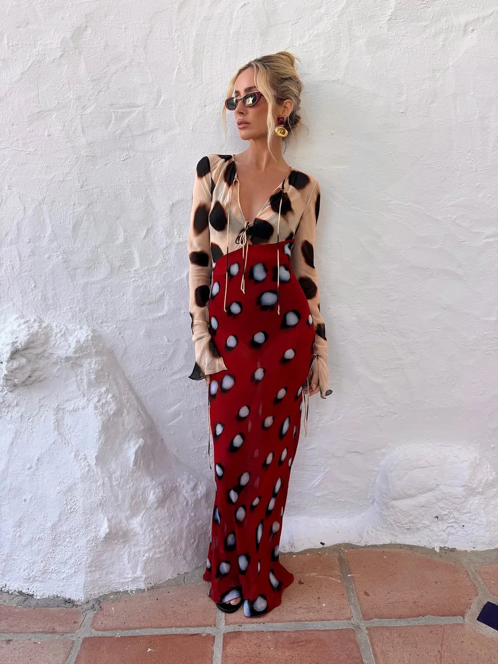 Sexy Printed Polka Dot Dress Retro Sheer Turn-down Collar Button Detachable Scarf Robe 2026 Summer Chic Y2k Women Casual Dresses