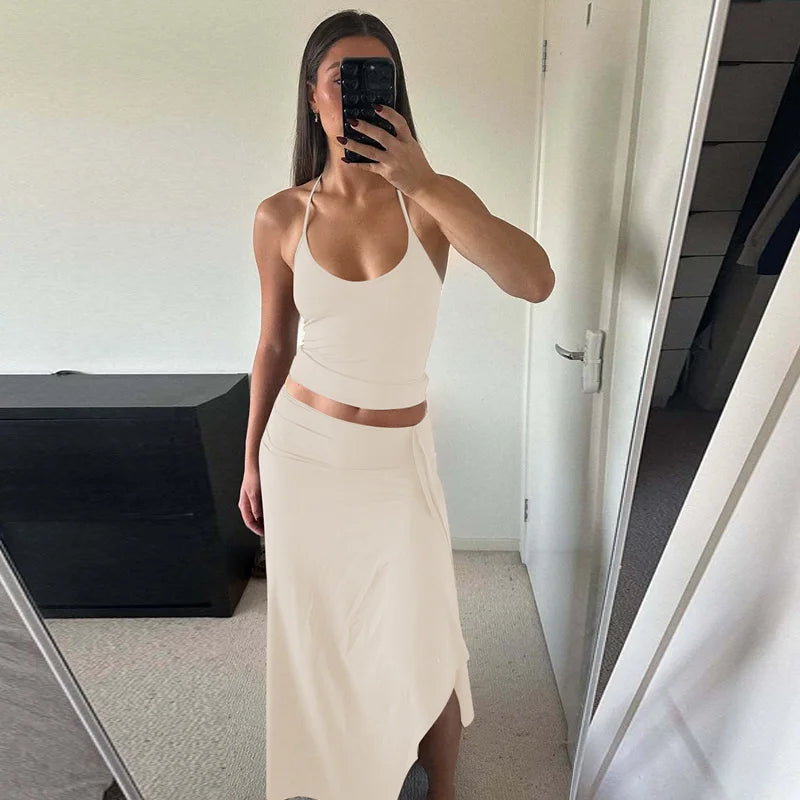 Hugcitar Fashion 2 Pcs Sets Halter Solid Backless Lace Up Sexy Crop Tank Top Ruched Maxi Skirt Women Outfit Beach Vacation Sport
