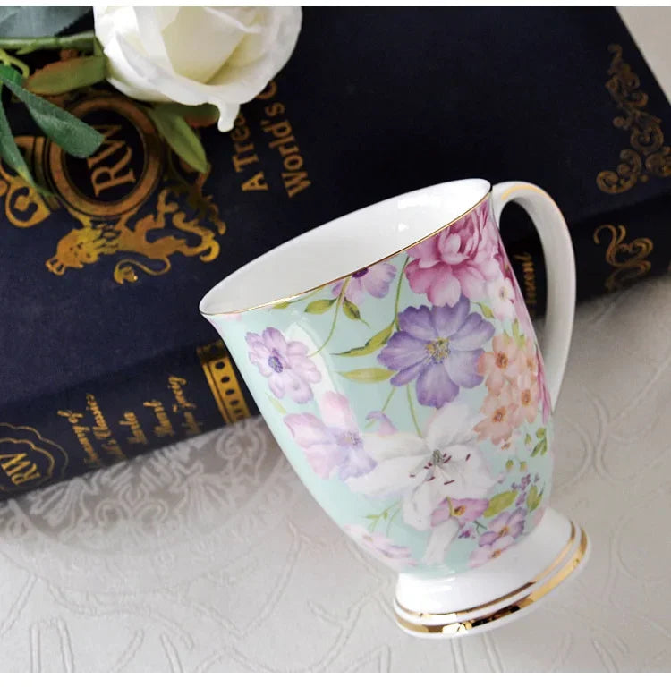 Classical Retro Bone China Mugs Large Capacity Ceramics Breakfast Milk Coffee Mug Pastoral Flower Tea Cup Home Office Drinkware