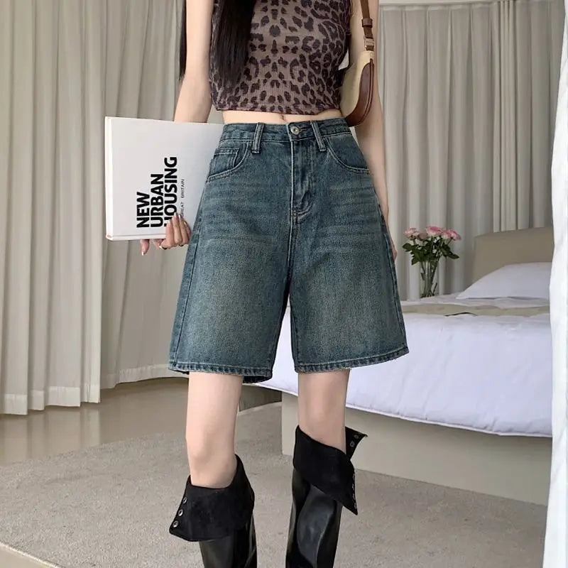 Denim Shorts Vintage High Waist Loose Fit Distressed Design Ins Style Sweet Spicy Girls All-match Casual Summer Streetwear Y2k