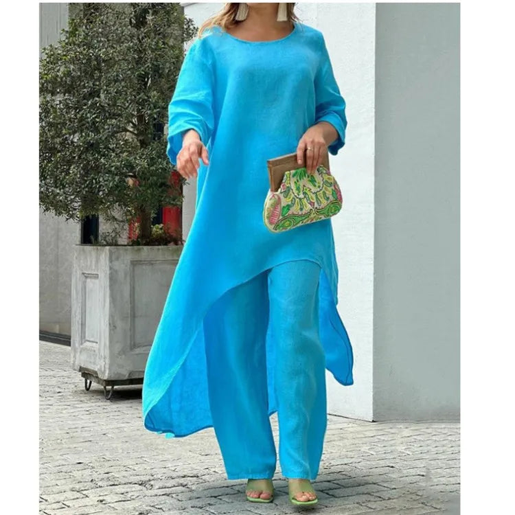 2025 Loose New In Matching Sets Two Piece Outfit 2 Pieces Set For Woman Solid Color Irregular Hem Long Sleeves Wide Legs Trouser