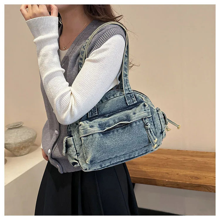 Trendy Vintage Denim Top Handle Bag Women Fashion Spring Shoulder Bag Casual Comfortable and Versatile Texture Storage Bag