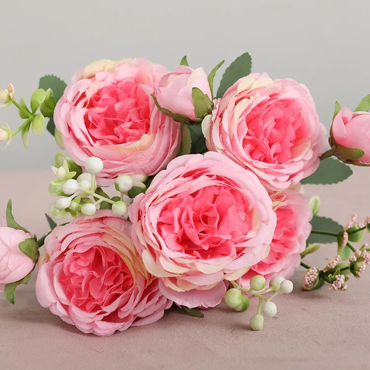 30cm Rose Pink Silk Peony Artificial Flowers Bouquet 5 Big Head and 4 Bud Cheap Fake Flowers for Home Wedding Decoration indoor