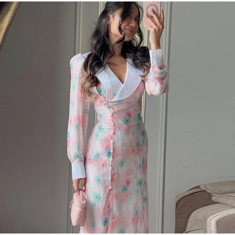 Elegant Printed V-Neck Contrast Dress Women's Side Single Breasted Lace Up Maxi Dresses 2026 Summer New Ladies Chic Party Gown