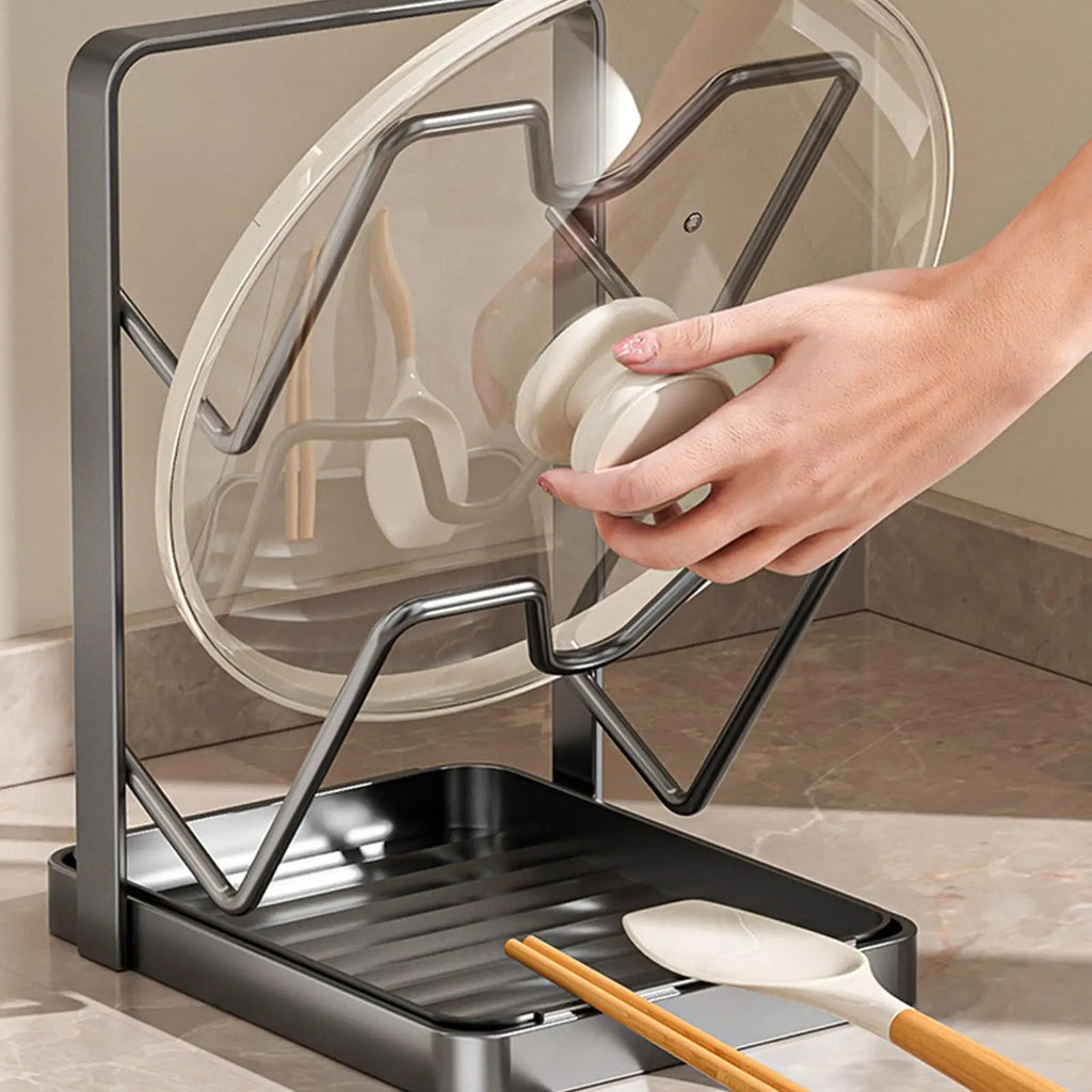 Kitchen Pot Lid Rack No Drill Pot Lid Organizer Kitchen Space Saving Countertop Organizer Rack with Drainage Tray  Storage Rack