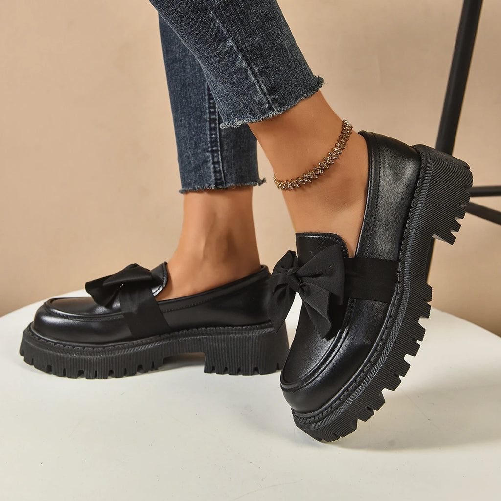 Women's British Style Loafers bowknot Chunky Heel Leather Flats Autumn Slip-On Shoes Versatile Work Shoes Platform Oxford 636