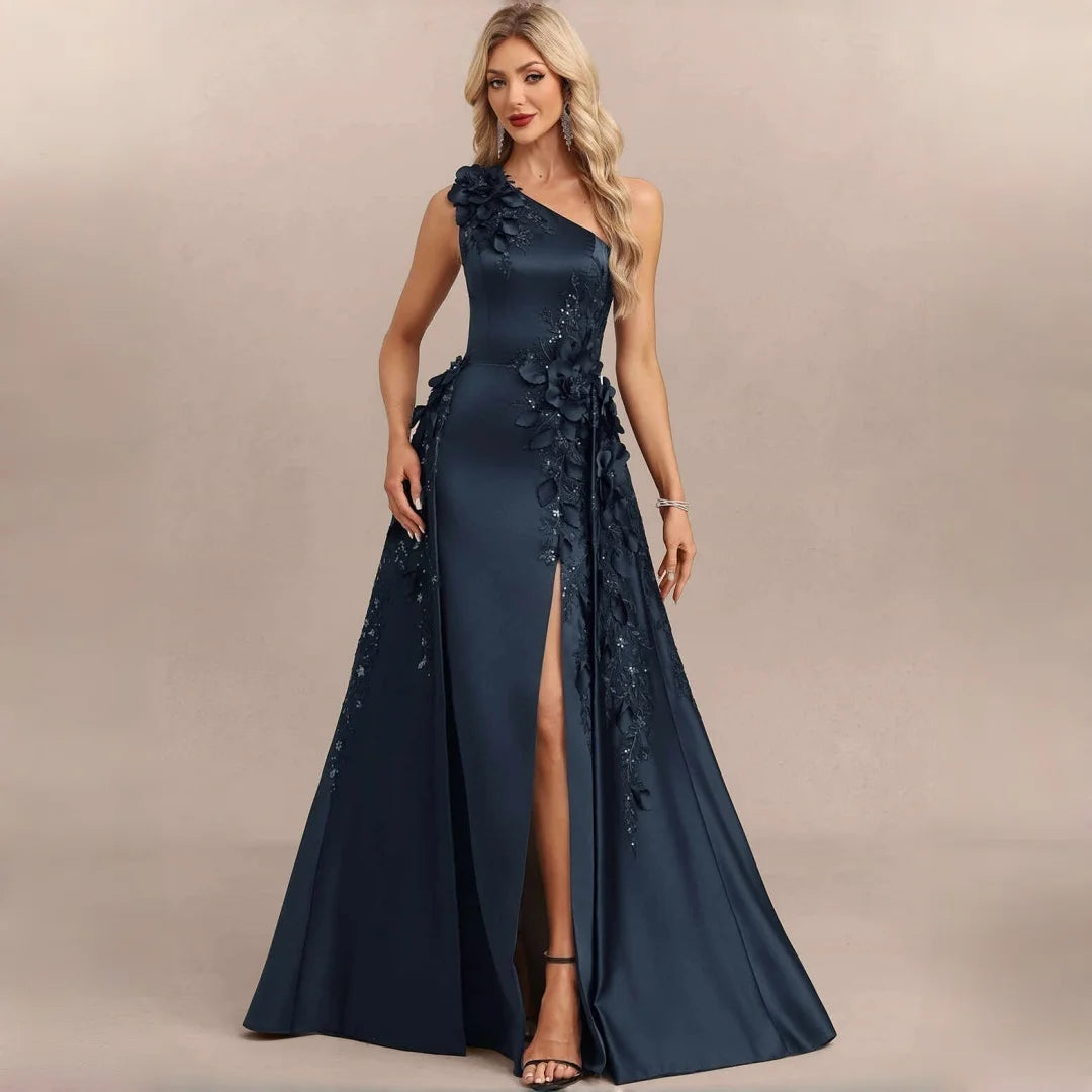 One Shoulder Satin Bridesmaid Dresses 3D Floral Applique Sequin High Slit Overskirt Formal Evening Maxi Gown Wedding Party Dress