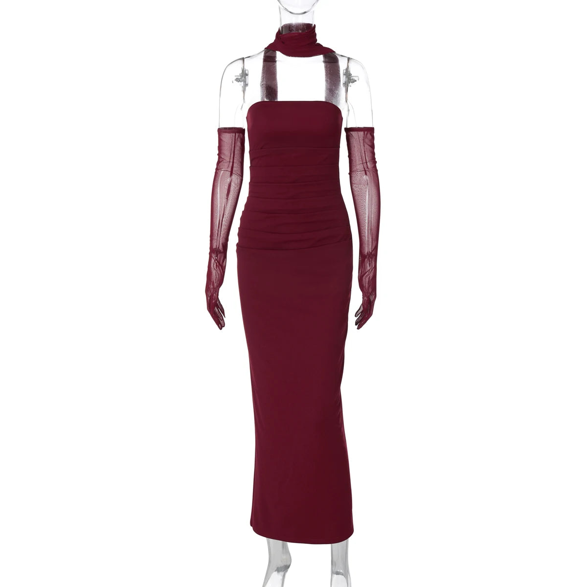 Hugcitar Elegant Scarf Strapless Solid Mesh Gloves Sexy Bodycon Maxi Prom Dress Women Fashion Y2K Outfits Wedding Party Birthday