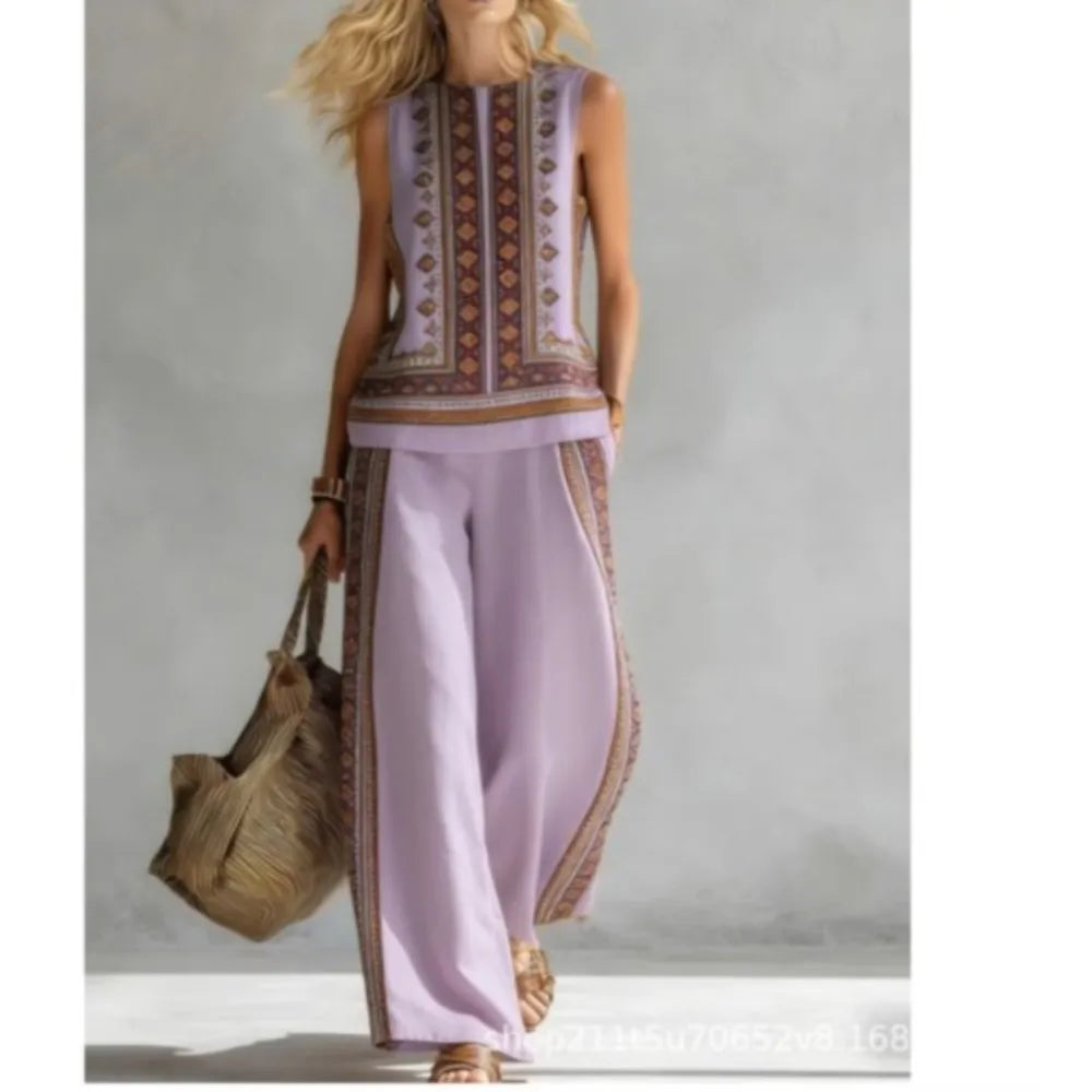 Fashion Retro Printed Sleeveless Tops Trousers 2-piece Set Women's Summer Casual Vest Loose Wide Leg Trousers Female Suit Pocket
