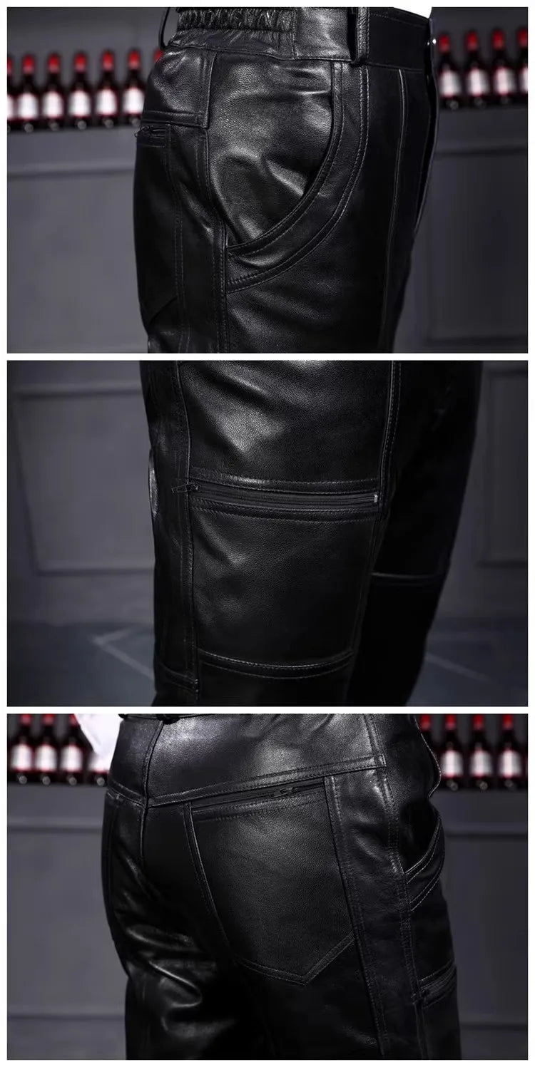 Men's Thickened Leather Pants with Detachable Warm Fleece Liner Genuine Cowhide Goatskin for Autumn And Winter