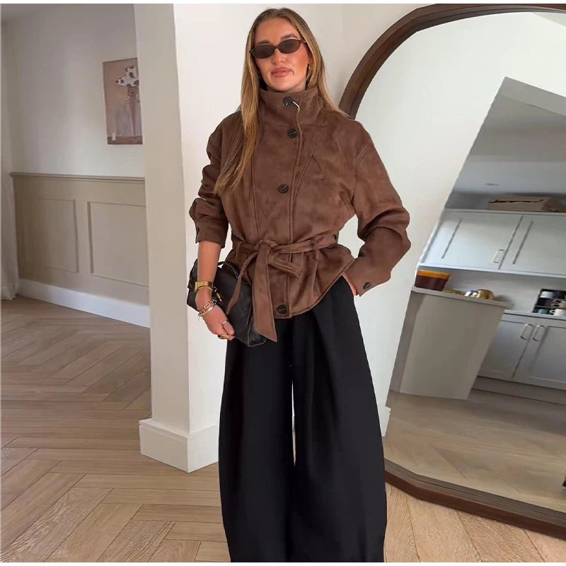 Faux Suede Women Winter Jacket Belted Waist Autumn Coat Stand Collar Short Jacket Cargo Jacket Daily Commute Wear Street Style