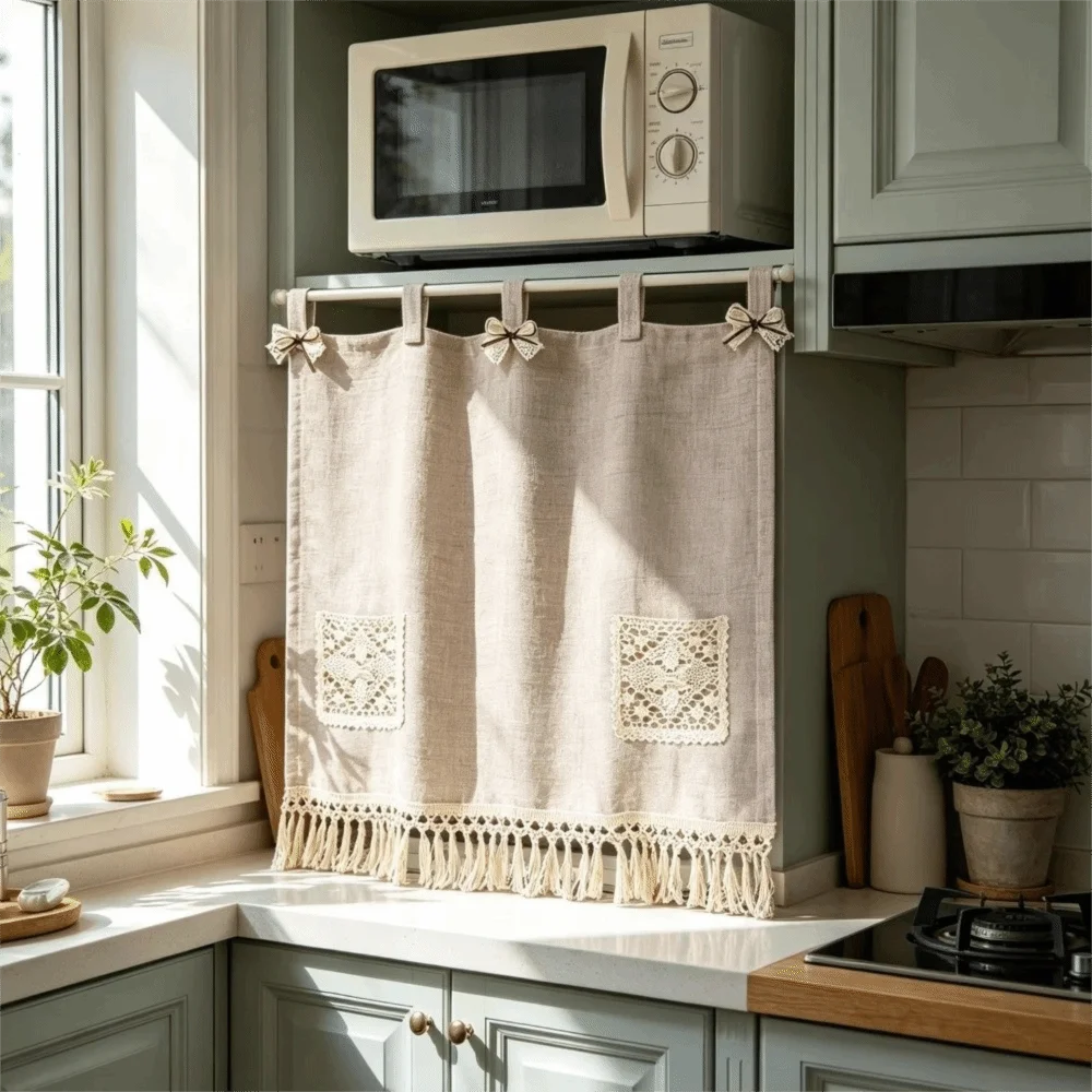 Vintage Oven Cover Curtain with Pocket Detachable Kitchen Stove Cover Skirt with Tassels Rustic Boho Curtain Panel Oven Door