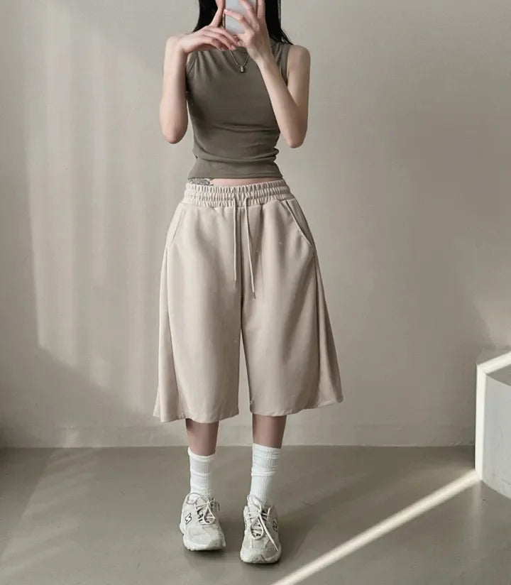 Summer Drawstring Wide Leg Shorts Women Fitness Running Loose Casual Large Sports Shorts Sweat Short High Elastic Lace Up Pants