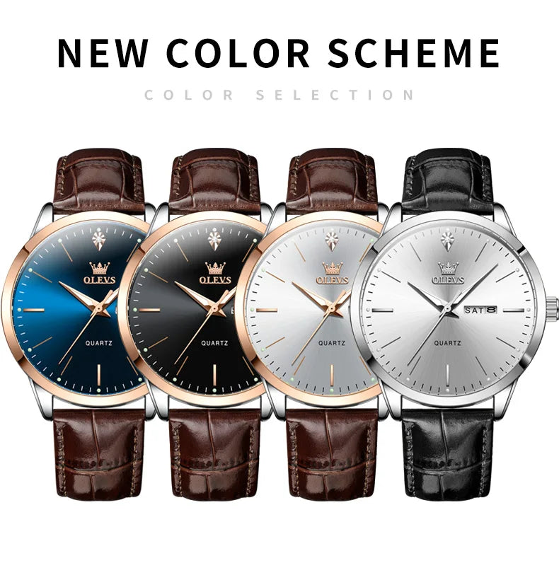 OLEVS 2935 Business Casual Men's Watch Waterproof Leather Strap Luxury Brand Date Week Temperament Trend Quartz Men's Watch