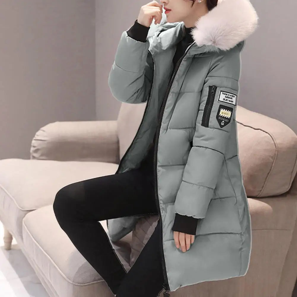 Fashion Women Winter Cotton Coat Parka Thickened Padded Stuffed Hooded Mid Length Warm Zip Up Slim Lady Down Coat Long Overcoat