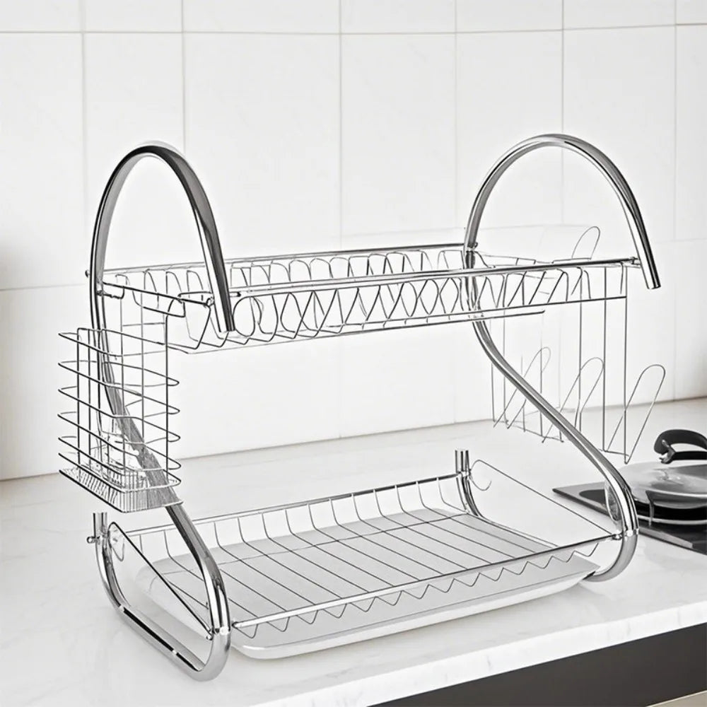 Kitchen Cutlery Organizer 2 Tier S-Shaped Dish Drainer Space-saving Metal Dish Drying Rack Stable Cup Drainer Chopsticks