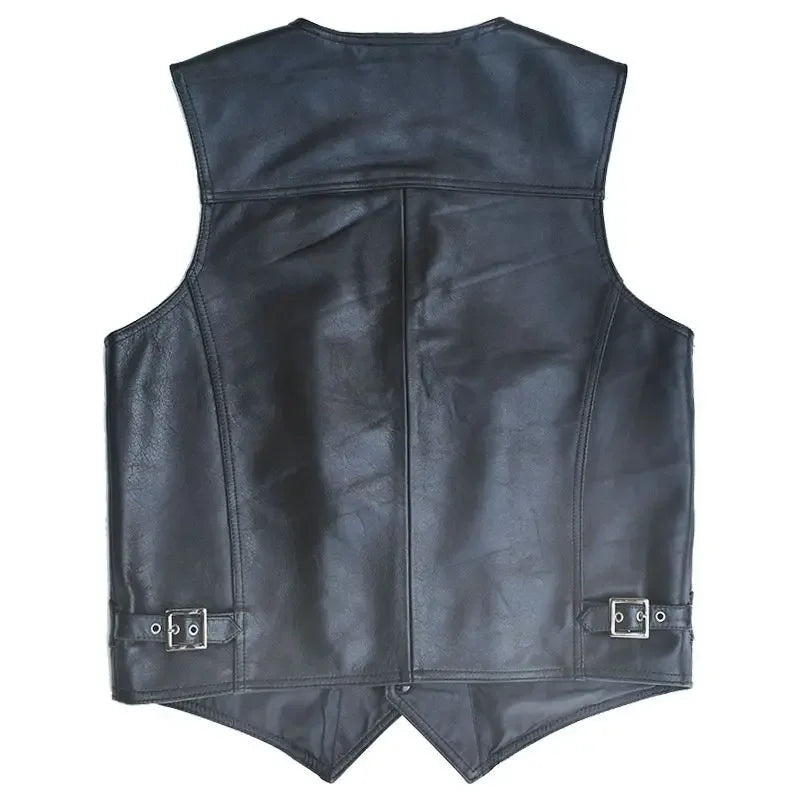 2024 Men Spring Autumn New Genuine Leather Motorcycle Vest Mens Real Cowhide Leather Waistcoat Male V-neck Sleeveless Coat D412