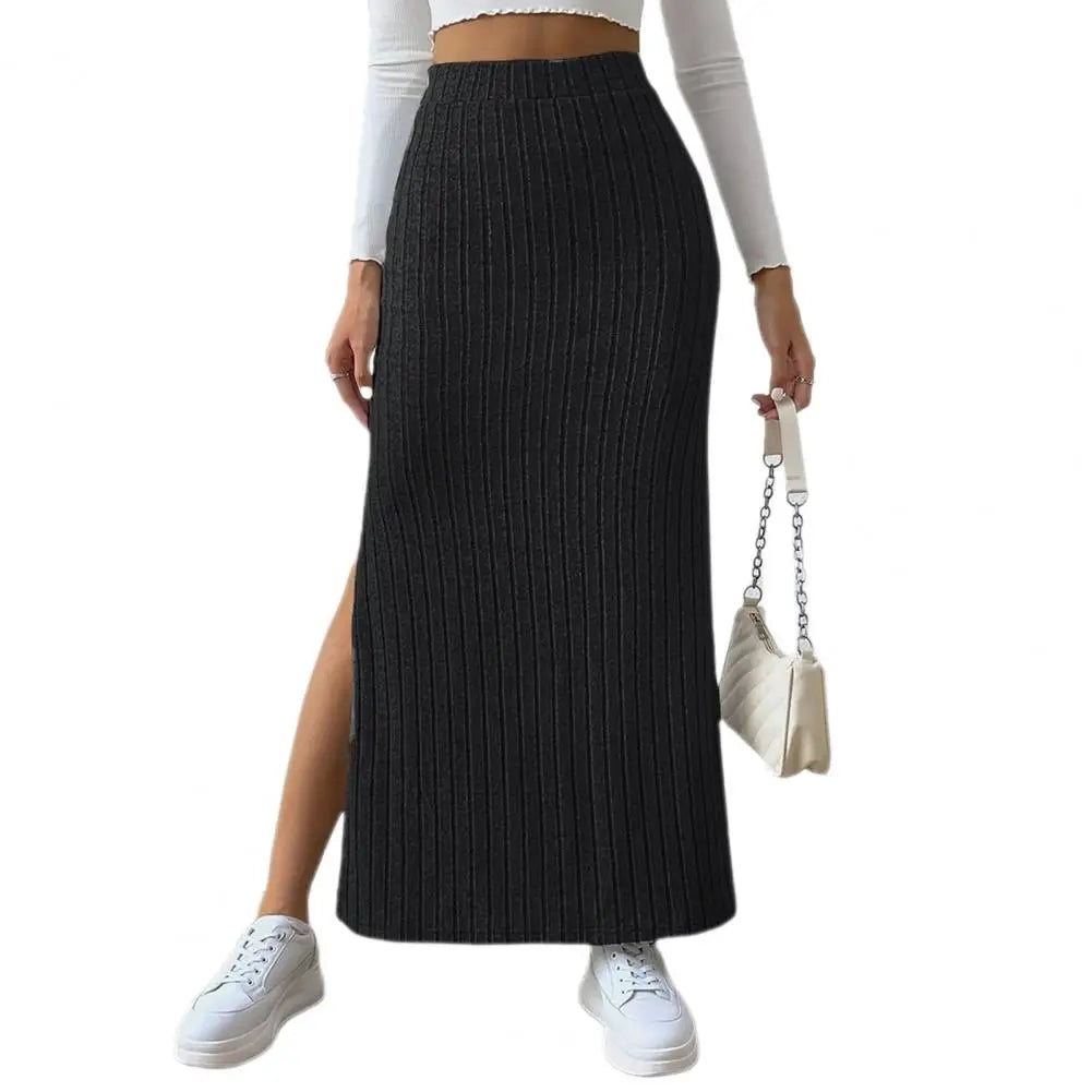 Women Maxi Ribbed Skirt High Waist Side Slit Knitting Skirt Solid Color Long Skirt Streetwear Women Outdoor Wear Skirts