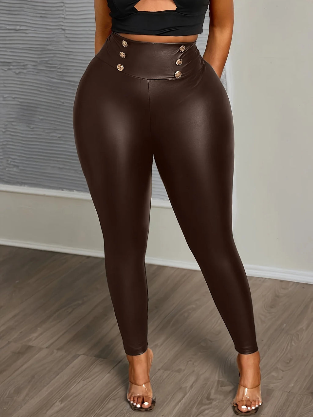 Plus Size Buttoned Slimming High-Waisted PU Leather Pants for Women