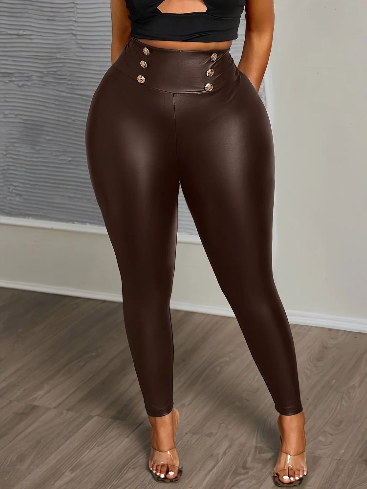 Plus Size Buttoned Slimming High-Waisted PU Leather Pants for Women